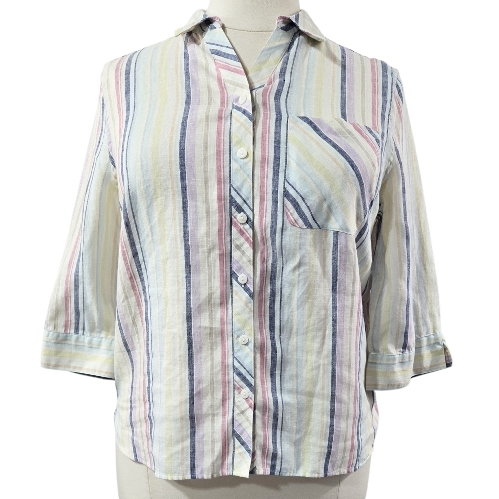 Chico's No Iron 100% Linen Multicolor Pastel Stripe Button-Up Shirt Office